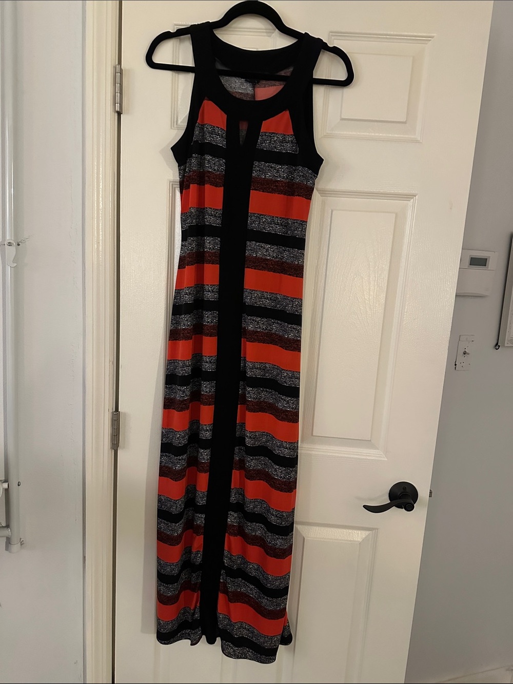 Sleeveless Red and Black Striped Maxi Dress with Center Panel